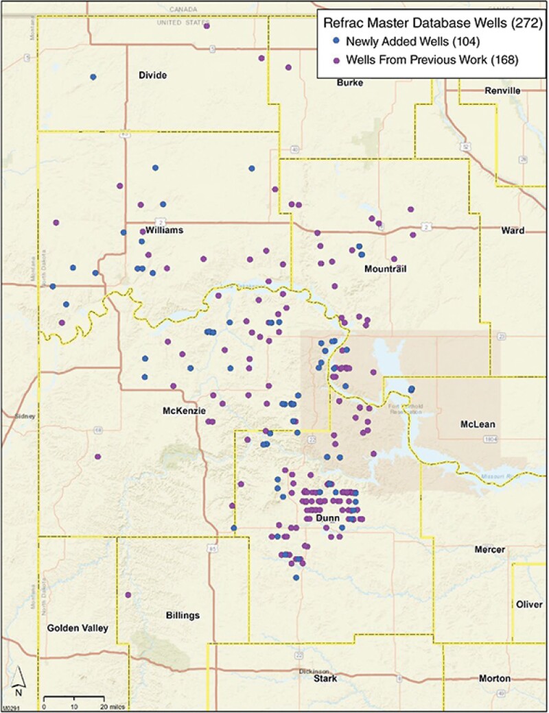 Map showing 272 refracs performed as of May 2019 in the North Dakota portion of the Bakken Shale and Three Forks formation.