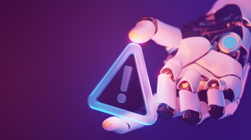 Futuristic Robotic Hand Holding a Glowing Warning Sign in Cyber Space