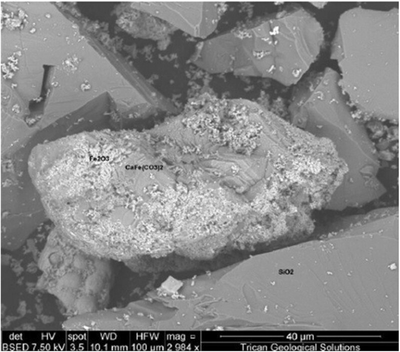 electron microscope scan reveals iron oxide coated a silica (proppant) grain