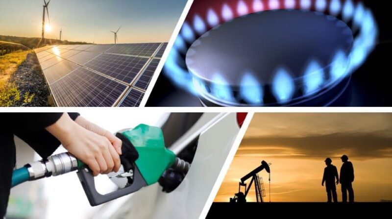 Graphic combining solar panels with wind turbines, natural gas burner, oil workers with pumpjack, and person filling car with gasoline