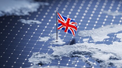 Flag of United Kingdom waving on pole on the 3d topographic map surface and abstract background with a grid
