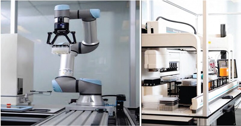 A robotic arm (left) and high-throughput formulator (right) are two of the enablers behind the rapid development of oilfield chemicals.