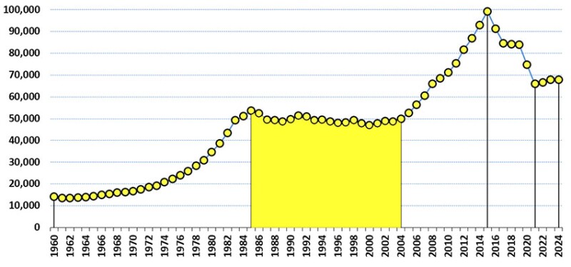 Fig. 5—Evolution of professional membership between 1985 and 2004.