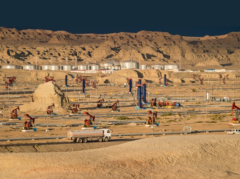 Mature field production operations in the Gobi Desert near the edge of Junggar Basin