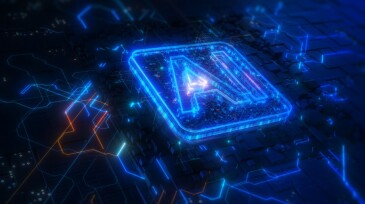 Artificial Intelligence AI On Circuit Board. Future Technology Concept Visualization. Big Data Transmission Connection. AI Analyzes Technology Digital Data Network Abstract Background.  3d rendering