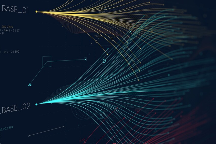 Trend lines analytical market economy information, Intricate data threads bar chart, monitor screen in perspective