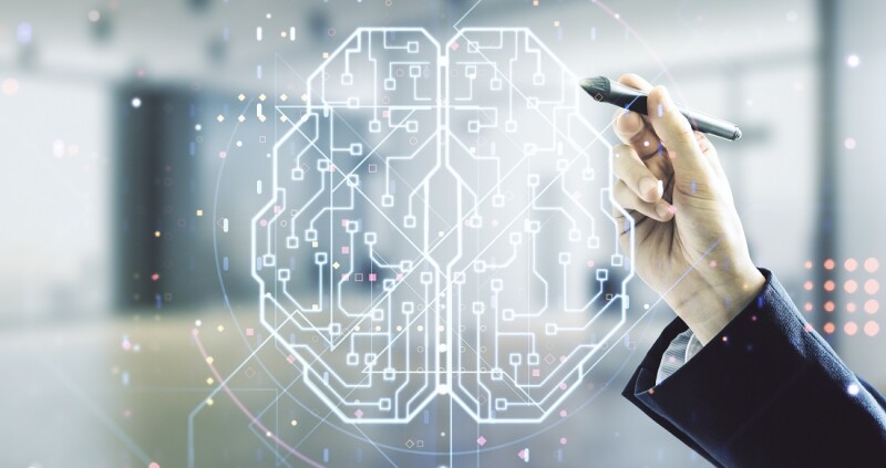 Double exposure of man hand with pen working with creative artificial Intelligence interface on blurred office background. Neural networks and machine learning concept