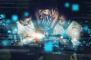 Woman, cyber security and IoT with technology for team, meeting or programming working at night with digital overlay. Group of female employee developers code, app or big data in futuristic network