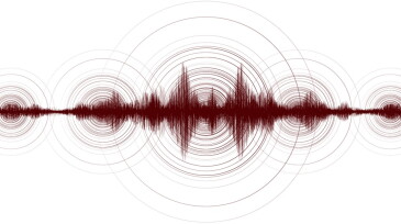 Panorama Red Mini Earthquake Wave with Circle Vibration on White paper background,audio wave diagram concept,design for education and science,Vector Illustration.