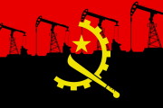Oil pump on background of flag of Angola. Vector illustration