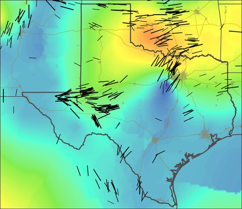 map of Texas and Oklahoma shows the maximum horizontal stress and orientation of faults as shown by the black lines