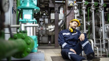 Overworked employee sleeping in factory during night shift.