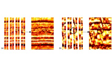 Examples of a gap-filling algorithm applied to (a) a highly heterogeneous image dominated by bedding planes and (b) an image with a relatively uniform matrix but a complex structure of intersecting features.