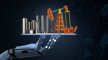 Petroleum industry technology concept with 3d rendering robot arm with crude oil pump and oil refinery