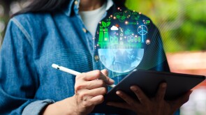 The pollution hand and effective management with netzero symbols - renewable energy, reduced CO2 emissions, green production, and waste recycling in business, net zero carbon.