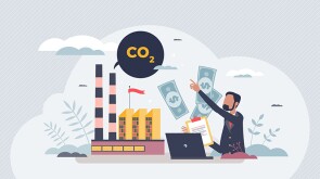 Carbon tax payment as factory CO2 gas emissions charge tiny person concept. Polluted air damage pricing for greenhouse gases emitting reduction vector illustration. Pay money for fossil fuel burning.