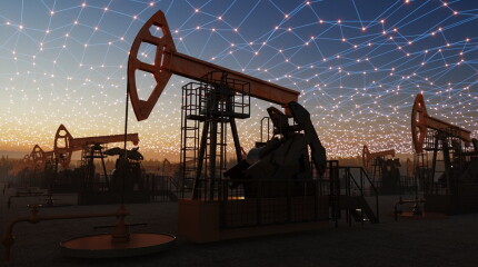 Connected Smart Oil Field Concept with Pump Jacks at Sunset
