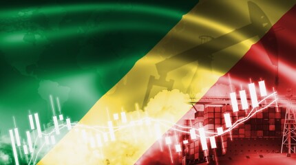 Republic of the Congo flag, stock market, exchange economy and Trade, oil production, container ship in export and import business and logistics.