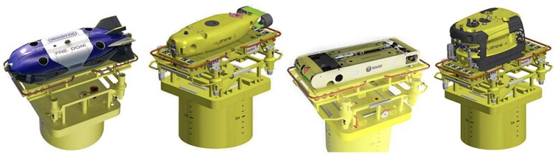Drones de intervenção subaquática da Oceaneering, Saipem e Saab interagem em uma estação de acoplamento submarina. Fonte: OTC 35570.