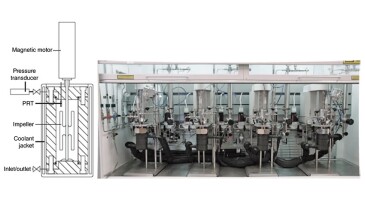 Fig. 1—Left: Schematic representation of one hydrate cell used to study hydrates up to 200 bara that can work at either isochoric or isobaric conditions. Right: Photograph of the four-cell set. PRT = platinum resistance thermometer.