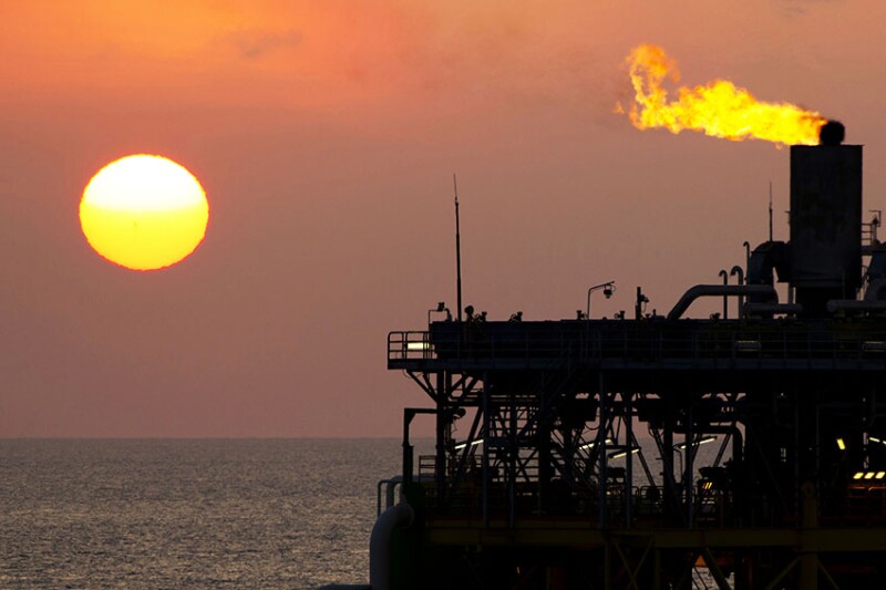 Gas flare and offshore oil platform in the South China Sea