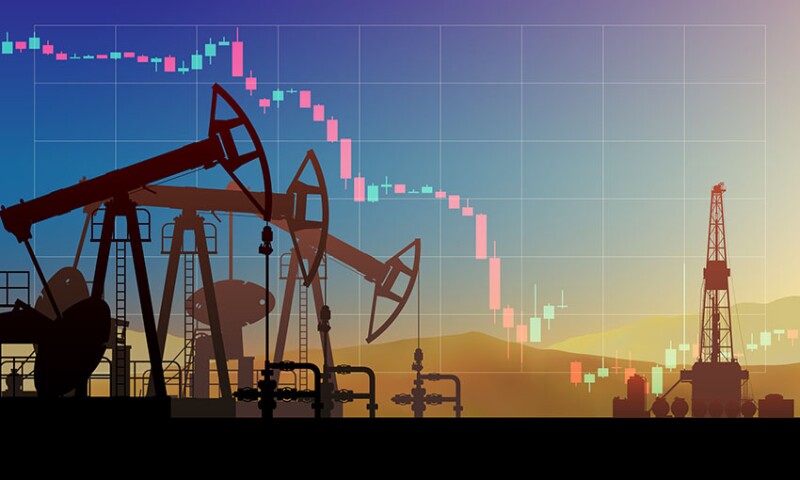 Pumpjack on oil price chart, financial data. Falling price. Land crude oil drilling rig, derrick, pump jack. Price per barrel. Onshore production, industry, business. Silhouette, desert. Vector