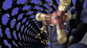 A model of molecules of methane being channeled through a single-walled carbon nanotube.
