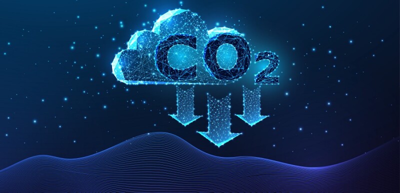 Carbon capture technology concept with Carbon dioxide cloud and absorbing surface on dark blue