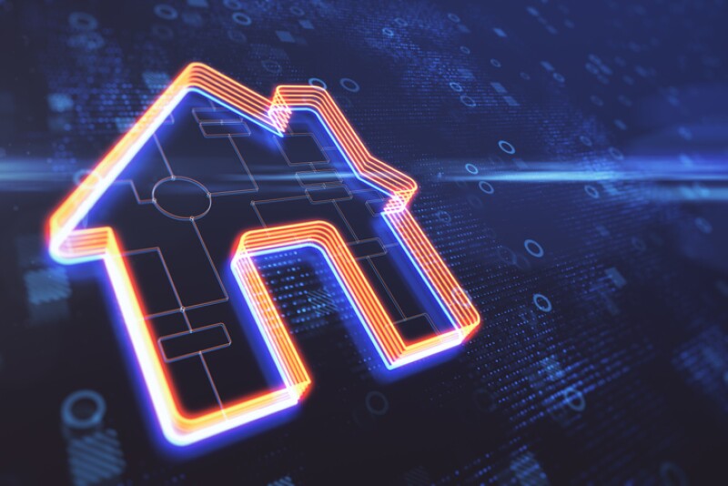 Abstract glowing house icon on blurry background with circles. Smart home and remote control concept. 3D Rendering.