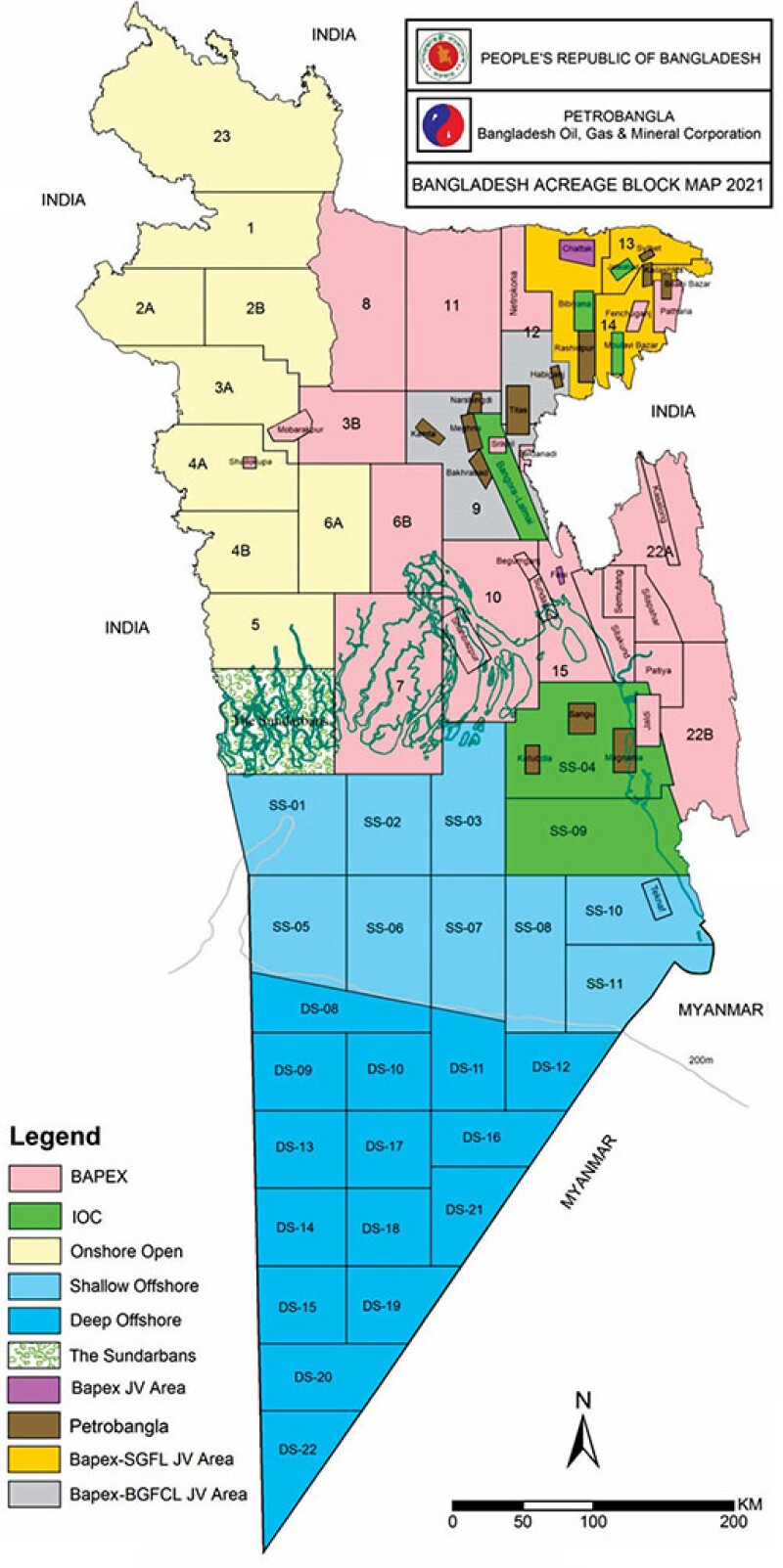 Onshore and offshore gas blocks in Bangladesh.