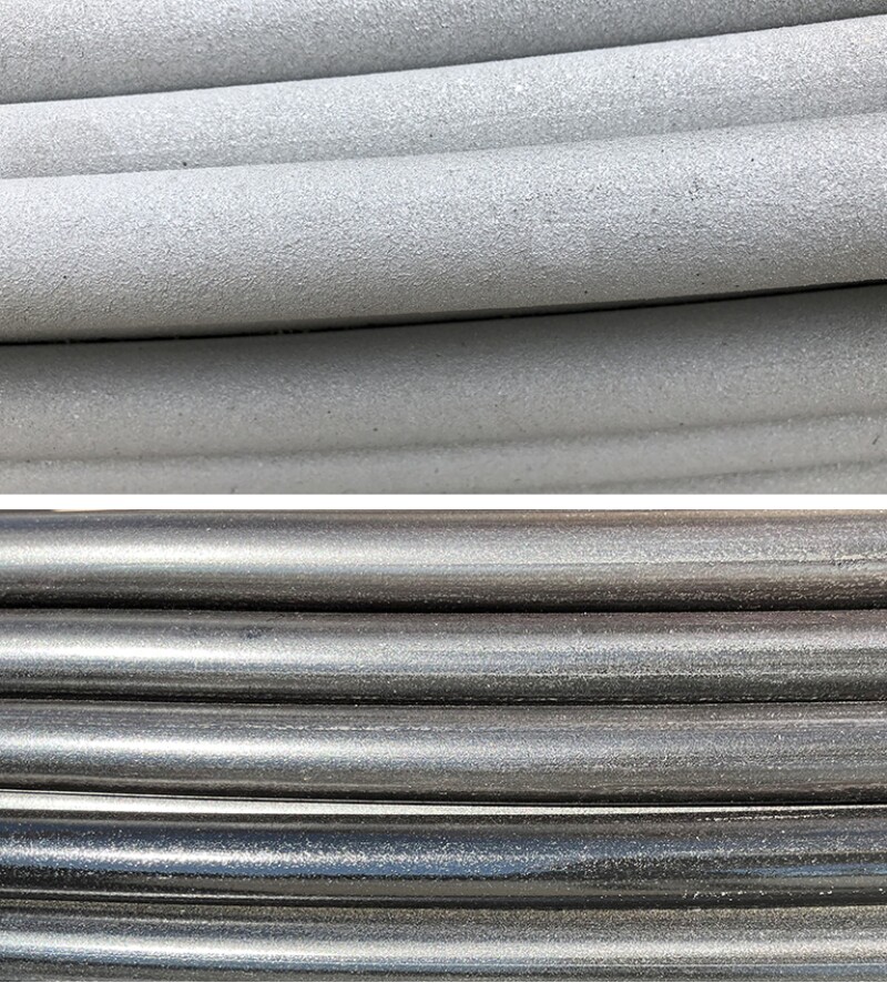 The top rod is covered with ChampionX’s patented metal coating designed to protect the steel in highly corrosive environments. The bottom is an uncoated steel rod.
