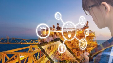 Double exposure of Engineer or Technician women with industry tool icons for management business by using tablet with safety helmet & uniform for oil and gas industrial business concept.