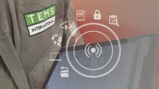 TEMS logo on worker uniform with overlay reflecting connected equipment and systems