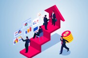 Isometric business group working on rising arrow