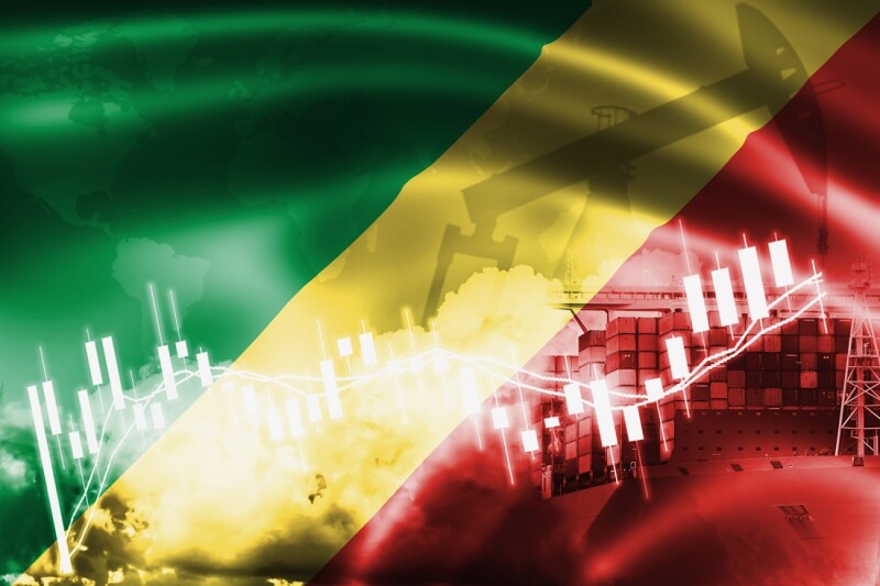 Republic of the Congo flag, stock market, exchange economy and Trade, oil production, container ship in export and import business and logistics.