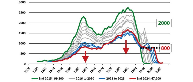 Fig. 10—Professional membership demographics, by year of birth, between 2015 and 2024