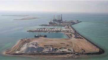 The artificial island from which the deep, deviated appraisal well was drilled and tested.