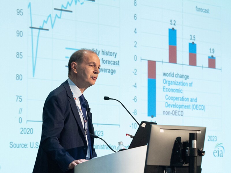 At the 2022 Offshore Technology Conference, Kamel is shown during a presentation.
