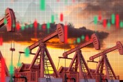 Oil pumpjacks against the sunset with financial graphs