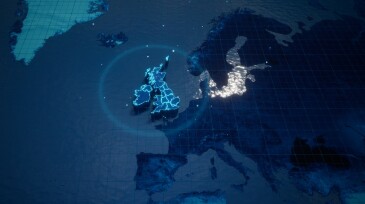 Abstract  geometric futuristic concept 3d Map of United Kingdom with borders as scribble,  blue neon style. 3d rendering