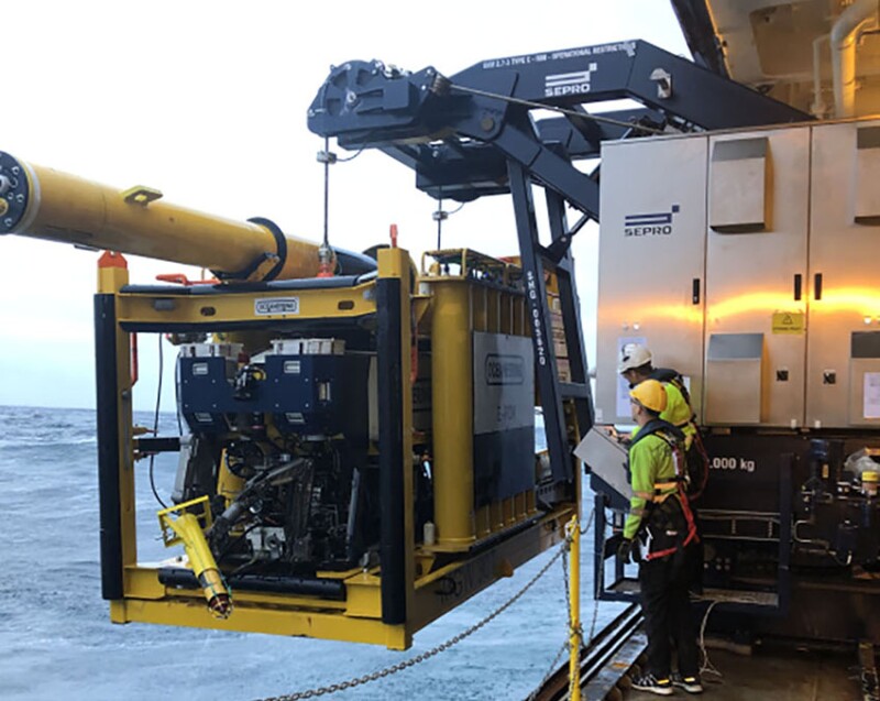 A dedicated launch and recovery system (LARS) package deployed on a vessel of opportunity in the North Sea enables the launch and recovery of the Liberty system without the need for deep-reach cranes. Source: Oceaneering.