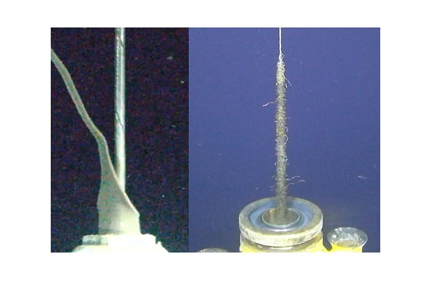 Fig. 1—Stranded armor (left) and subsequent bird-nested cable (right) recovered from Well 11.