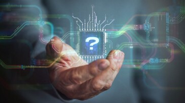 Question mark in your hand. A hand holds question icon in the center and circuit board with vibrant data transfers, representing evolving assistance technology of the future.