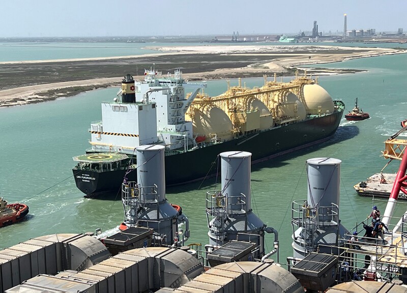 An LNG carrier makes its way along the Texas Intracoastal Waterway near Corpus Christi.