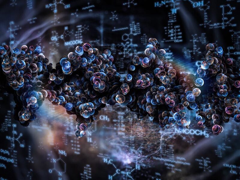 Abstract image of molecules over chemical formulas