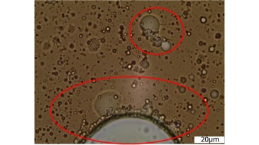 Presence of solid particles at the O/W interface in a test involving sand and clay.