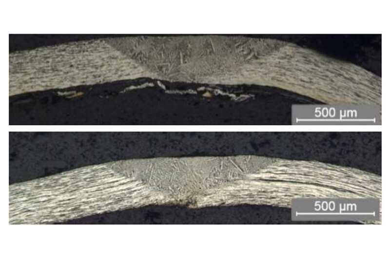 Photomichrographs (Top and Bottom) showing the seam weld on the cross section of two different samples taken through the 90-day 15% H2S test. The Monel matrix and the seam weld surfaces show no stress cracking induced during the 90-day, 15% H2S testing