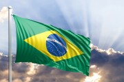 Brazil flag on blue sky. 3d illustration