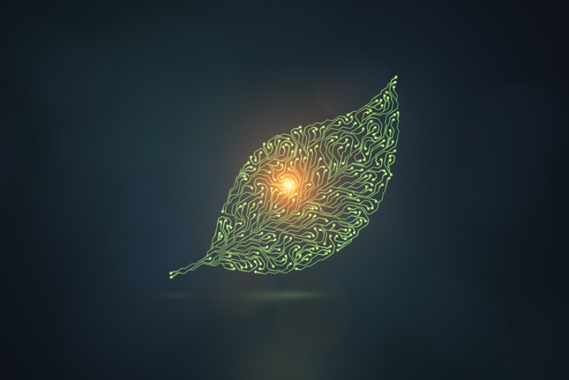 Artificial intelligence leaf symbol on dark background