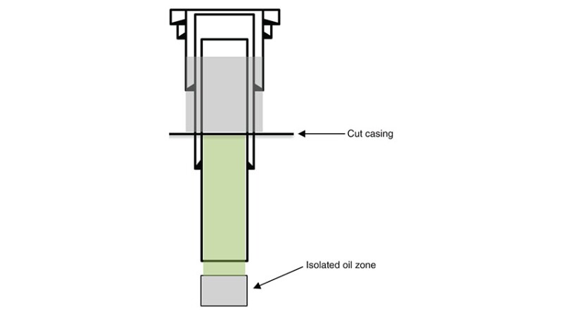 A wellbore diagram indicating plugged areas and open cavity space.